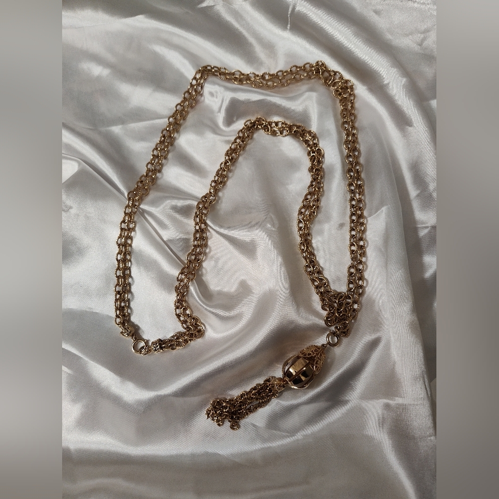 Vintage Long Double Chain Gold Tone Necklace With Tassel